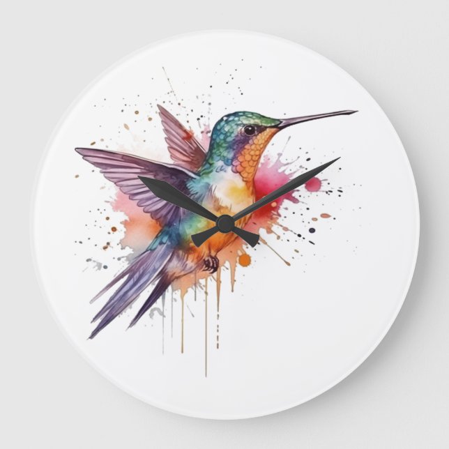 Colorful Flight, watercolor hummingbird  Large Clock (Front)