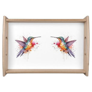 Colorful Flight, watercolor hummingbird  Serving Tray