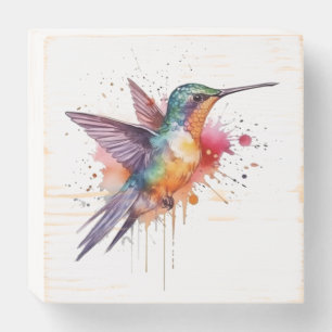 Colorful Flight, watercolor hummingbird Wooden Box Sign