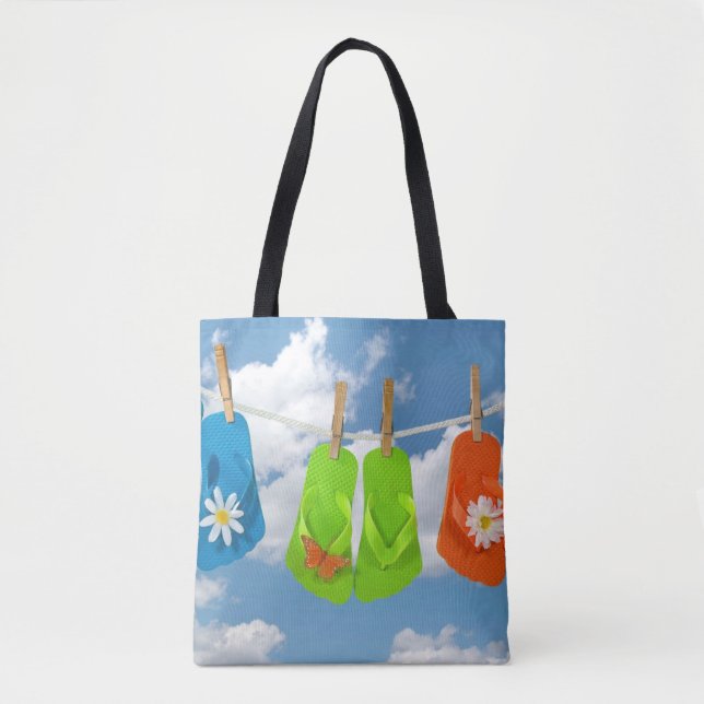 colorful flip-flops on clothesline tote bag (Front)
