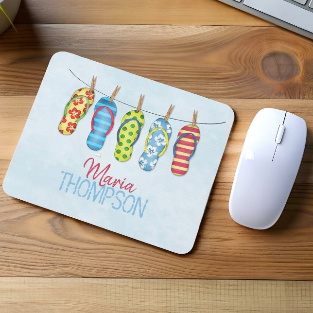 Colorful Flip Flops Personalized Name Beach Mouse Pad (Colorful flip flops hanging on clothesline personalized name beach themed mouse pad desk accessory.)