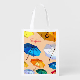Colorful Floating Umbrellas in Beige Sky, DIY Name Grocery Bag