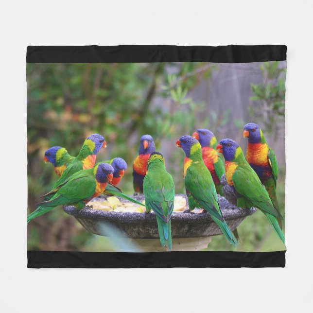 Colorful Flock of Rainbow Lorikeet Birds Fleece Blanket (Front (Horizontal))