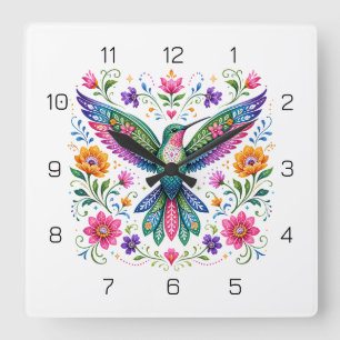 Colorful Flok Art Hummingbird Square Wall Clock