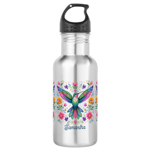 Colorful Flok Art Hummingbird Stainless Steel Water Bottle