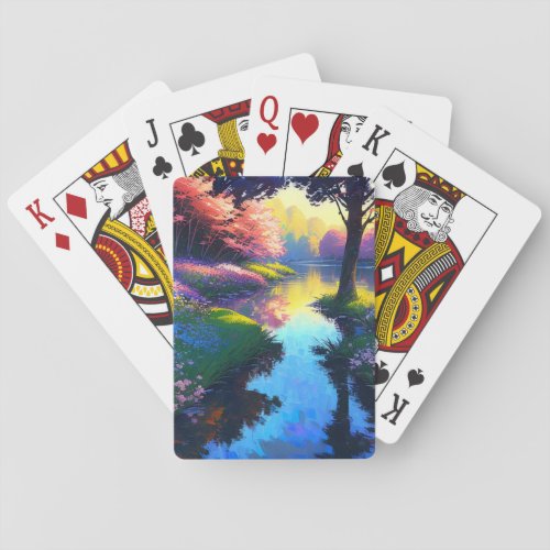 Colorful Flora Adorning the Reflective Riverbank Poker Cards