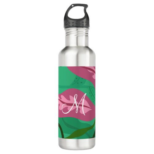Colorful Flora and Foliage Deep Fuchsia on Green Stainless Steel Water Bottle