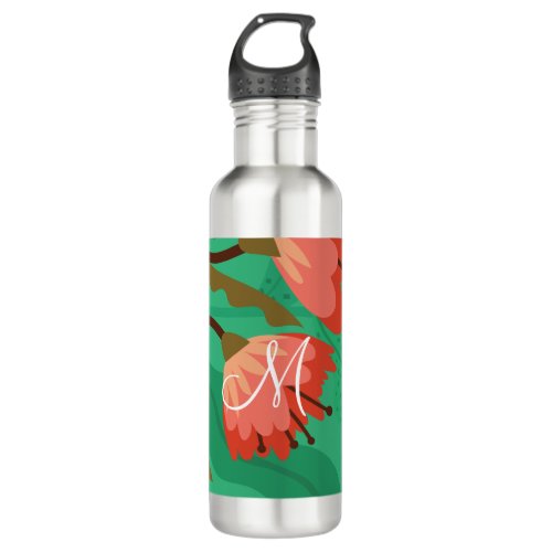 Colorful Flora and Foliage Red on Green Stainless Steel Water Bottle