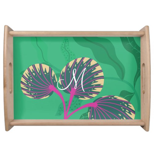 Colorful Flora and Foliage with Purple on Green Serving Tray