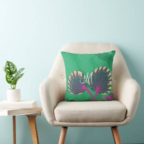 Colorful Flora and Foliage with Purple on Green Throw Pillow