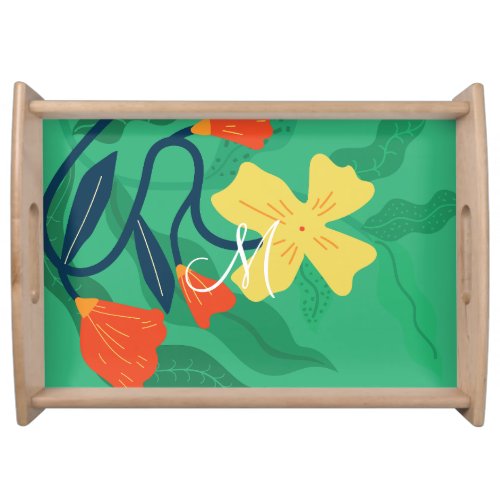 Colorful Flora and Foliage with Yellow on Green Serving Tray