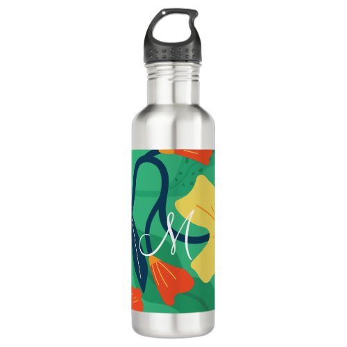 Colorful Flora and Foliage with Yellow on Green Stainless Steel Water Bottle