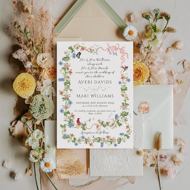 Colorful Flora Bow Garden Elegant Photo Wedding Invitation (Creator Uploaded)