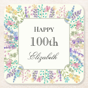 Colorful Floral 100th Birthday Paper Coaster