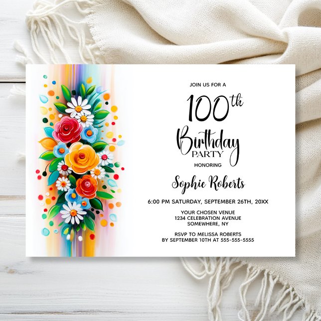 Colorful Floral 100th Birthday Party Invitation (Creator Uploaded)