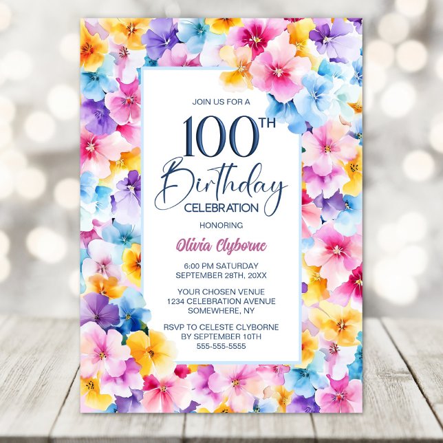 Colorful Floral 100th Birthday Party Invitation (Creator Uploaded)