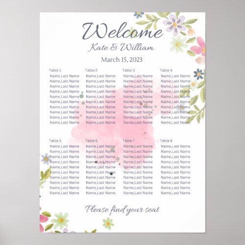 Colorful Floral 8 Tables Wedding SEATING CHART