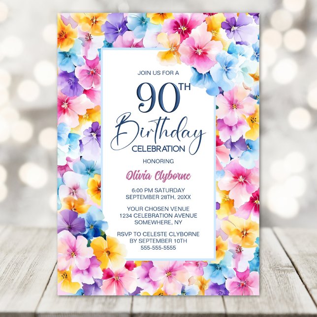 Colorful Floral 90th Birthday Party Invitation (Creator Uploaded)