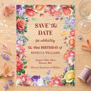 Colorful Floral 91st Birthday Party Save the Date
