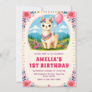 Colorful Floral Alpaca First Birthday Invitation