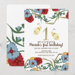 Colorful Floral and Bee Garden First Birthday Invitation