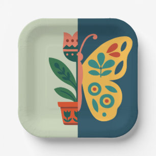 Colorful floral and butterfly split graphic design paper plates