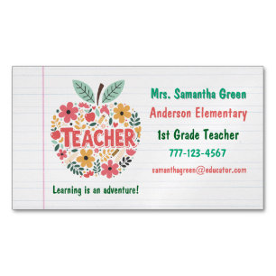 Colorful Floral Apple Teacher Back to School Business Card Magnet