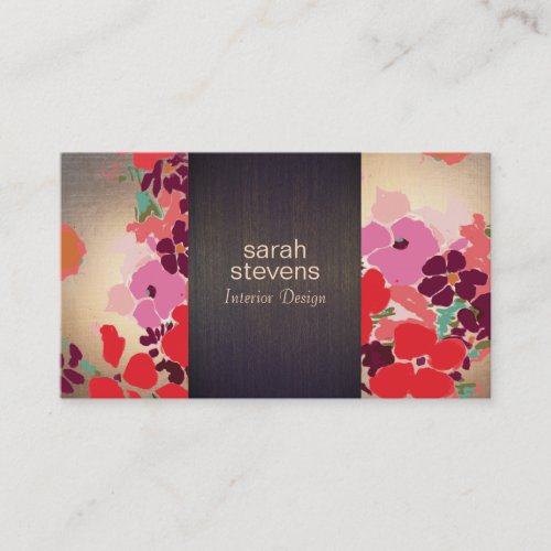 Colorful Floral Interior Designer Wood and Gold Business Card