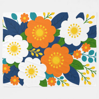 Colorful Floral Art with Orange & White Blossoms Fleece Blanket