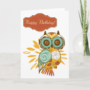 Colorful Floral Autumn Owl Happy Birthday Card