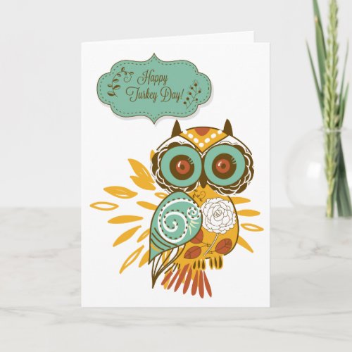 Colorful Floral Autumn Owl Happy Turkey Day Card