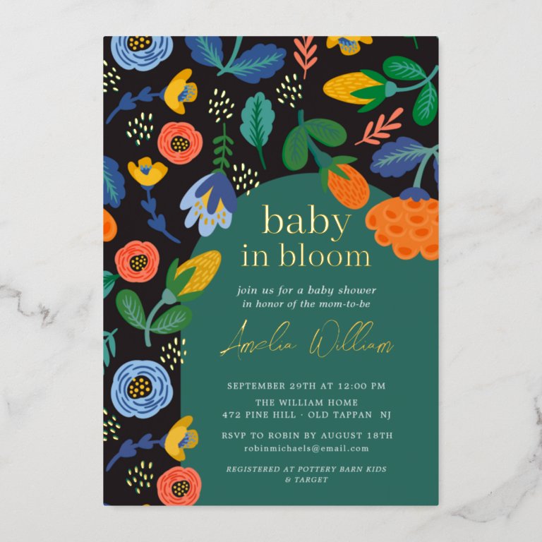 Colorful Floral Baby In Bloom Shower Foil Invitation