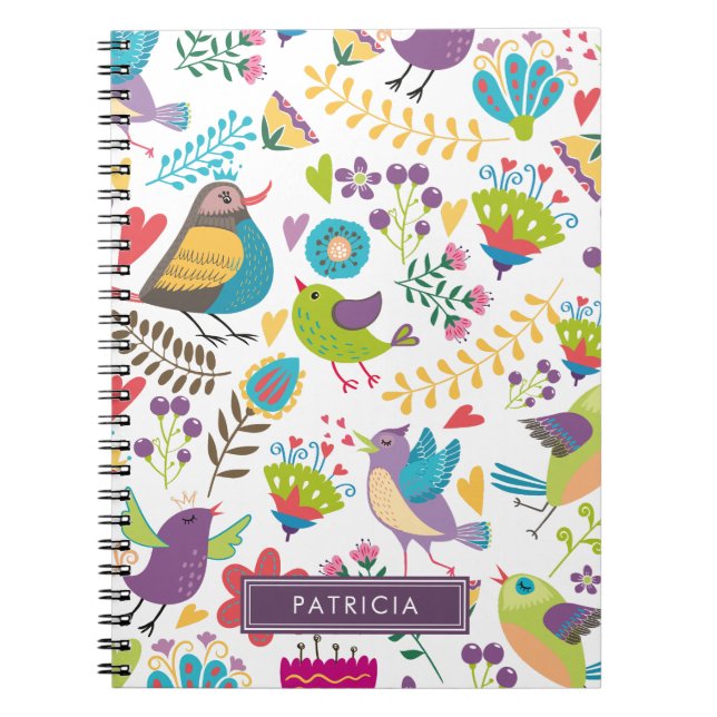 Colorful Floral Bird Pattern Personalized Notebook (Front)
