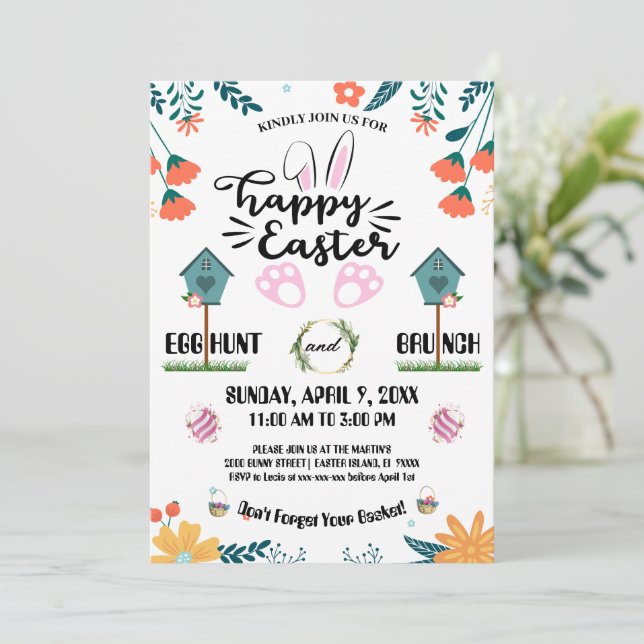 Colorful Floral & Birdhouse Easter Egg Hunt Party  Invitation (Standing Front)