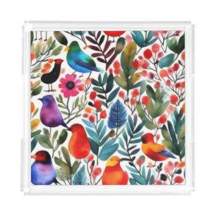 Colorful floral birds acrylic tray