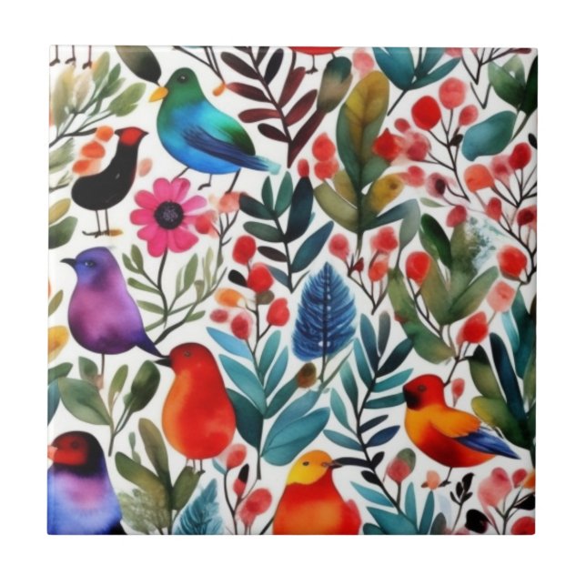 Colorful floral birds ceramic tile (Front)
