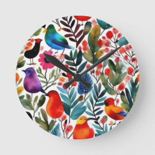 Colorful floral birds round clock