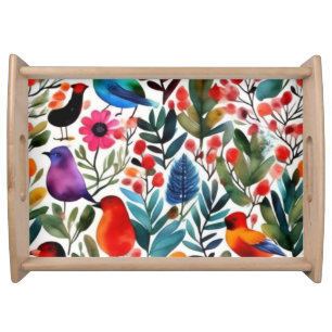Colorful floral birds serving tray