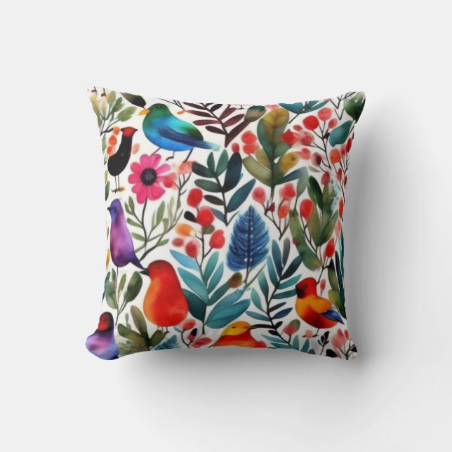 Colorful floral birds throw pillow (Front)