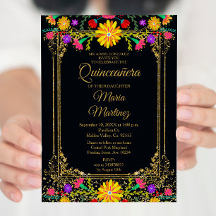 Colorful Floral & Black Background Quinceañera  Invitation