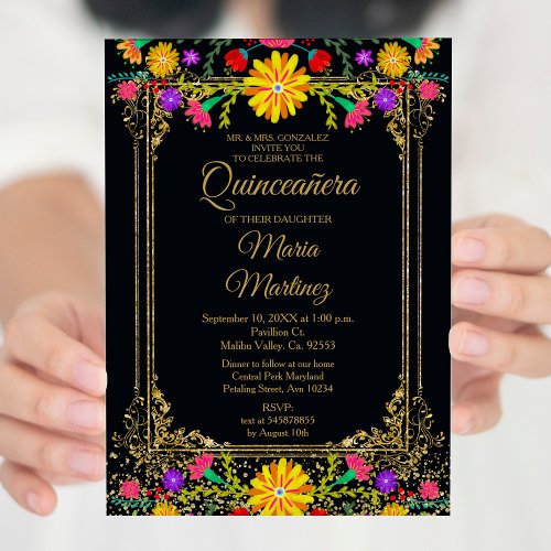 Colorful Floral  Black Background Quinceaera  Invitation