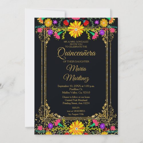 Colorful Floral  Black Background Quinceaera  Invitation