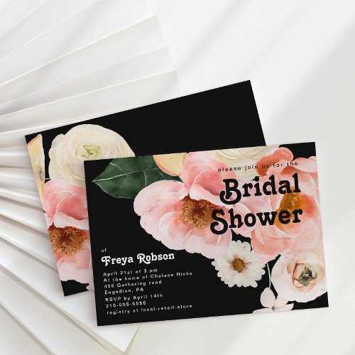 Colorful Floral  Black Horizontal Bridal Shower Invitation