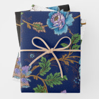 Colorful Floral-Black, White & Blue Background Wrapping Paper