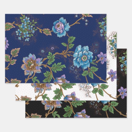 Colorful Floral_Black White  Blue Background Wrapping Paper Sheets