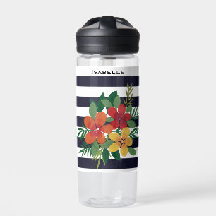 Colorful Floral Black White Striped Personalised Water Bottle