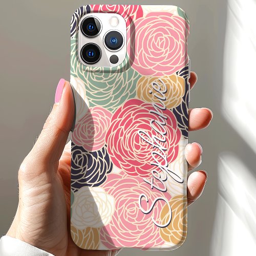 Colorful Floral Bloom Personalized Name iPhone 15 Case