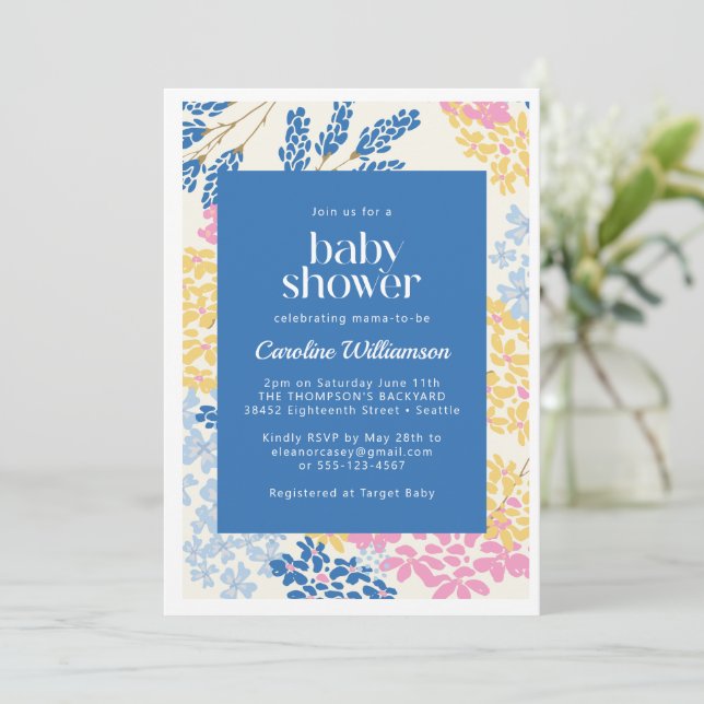 Colorful Floral Blue Baby Shower Spring Party Invitation (Standing Front)