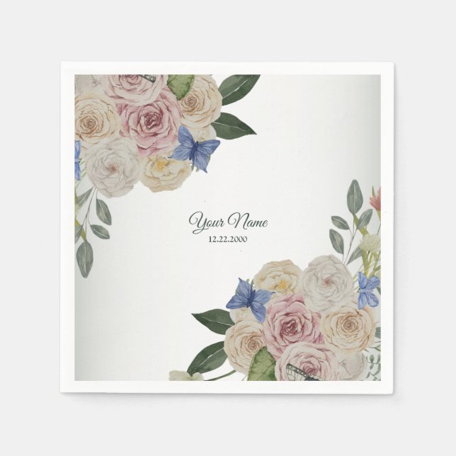 Colorful Floral Blue Butterfly Green Wedding Party Napkins (Front)