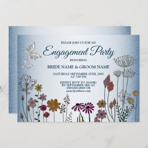 Colorful Floral Blue Glitter Engagement Party Invitation